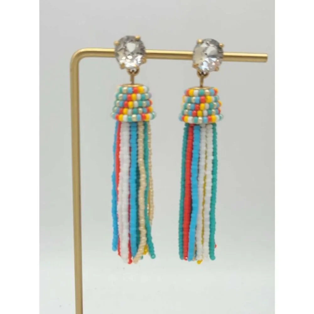 J Crew Multi Color Seed Bead Tassel Earrings with Crystal